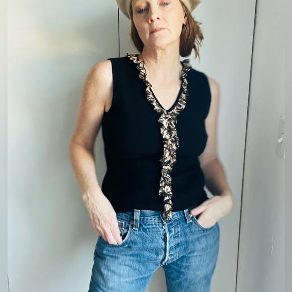 Vintage Ruffle Trim Ribbed Tank Top Black & Animal Print Detail Y2K Glam - Picture 4 of 9